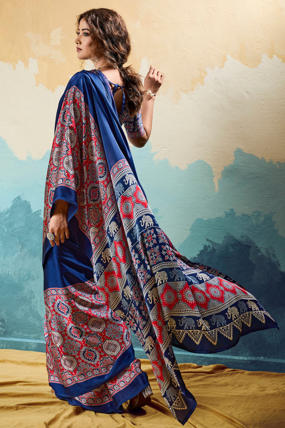 Energetic Navy Blue Ajrakh Printed Semi Modal Silk Saree With Scrupulous Blouse Piece