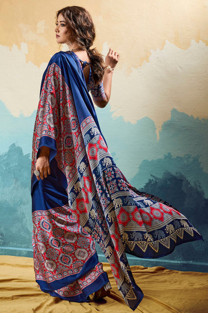 Energetic Navy Blue Ajrakh Printed Semi Modal Silk Saree With Scrupulous Blouse Piece