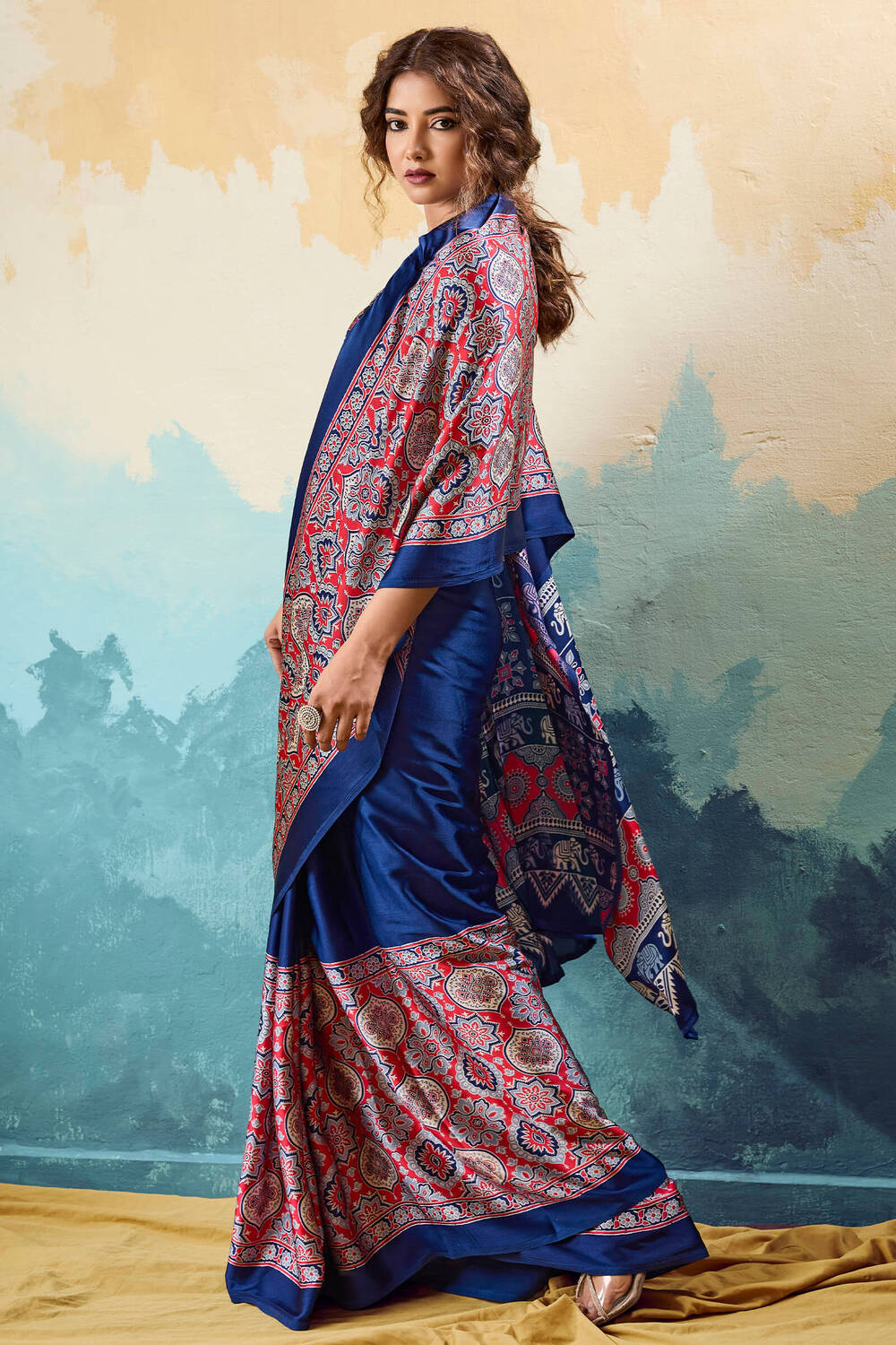 Energetic Navy Blue Ajrakh Printed Semi Modal Silk Saree With Scrupulous Blouse Piece