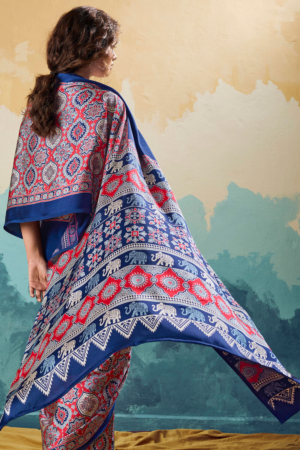 Energetic Navy Blue Ajrakh Printed Semi Modal Silk Saree With Scrupulous Blouse Piece