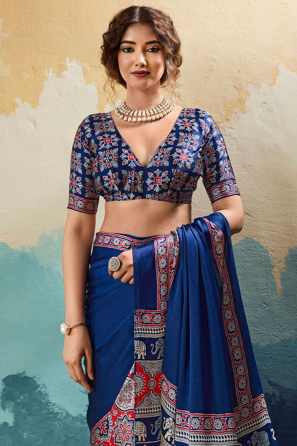 Energetic Navy Blue Ajrakh Printed Semi Modal Silk Saree With Scrupulous Blouse Piece