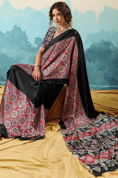 Elision Black Ajrakh Printed Semi Modal Silk Saree With Charismatic Blouse Piece