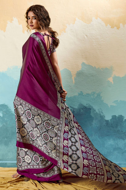 Resonant Purple Ajrakh Printed Semi Modal Silk Saree With Seraglio Blouse Piece