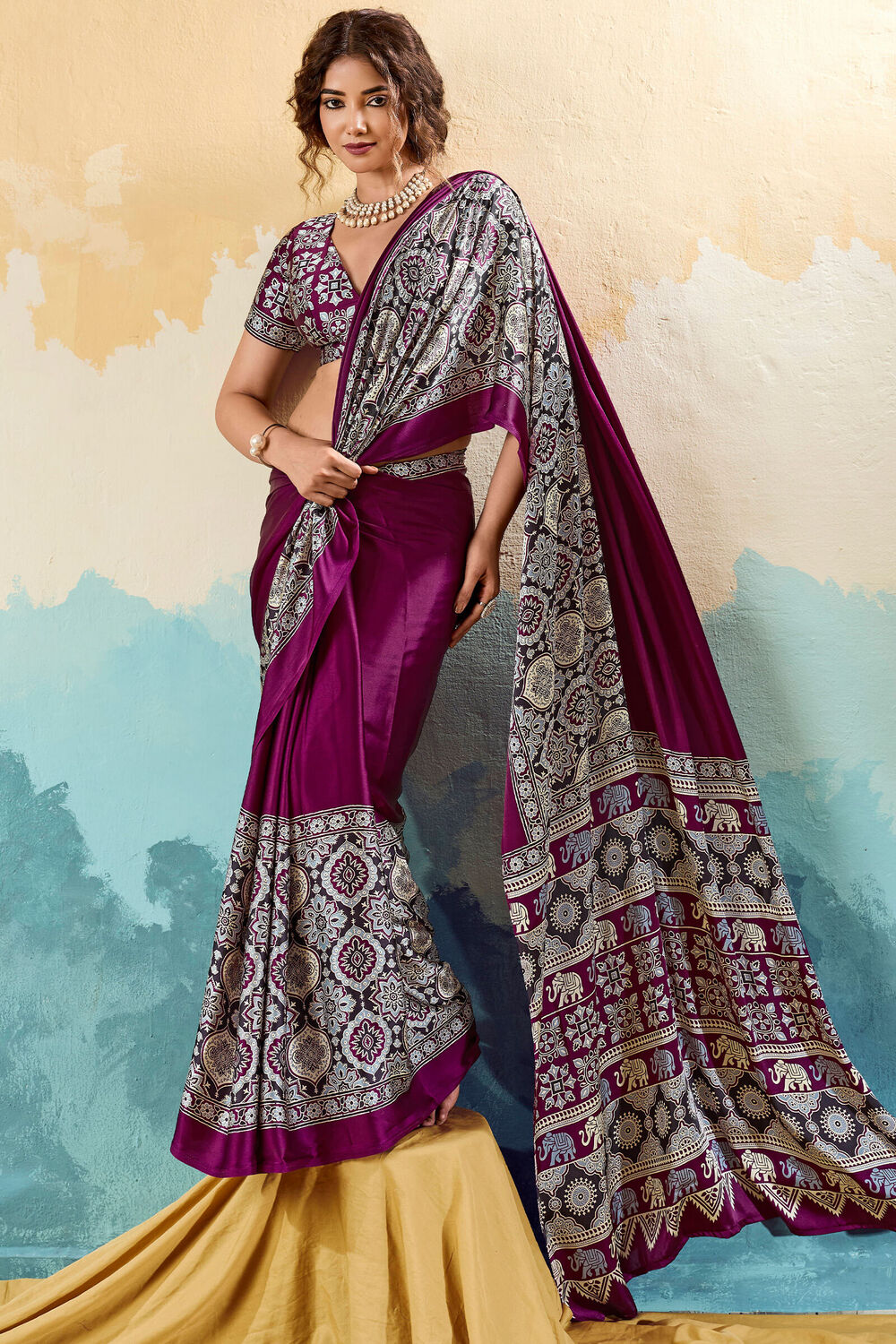 Resonant Purple Ajrakh Printed Semi Modal Silk Saree With Seraglio Blouse Piece