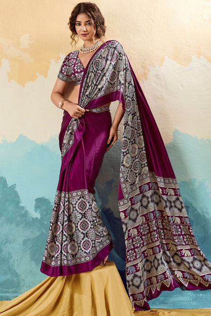 Resonant Purple Ajrakh Printed Semi Modal Silk Saree With Seraglio Blouse Piece