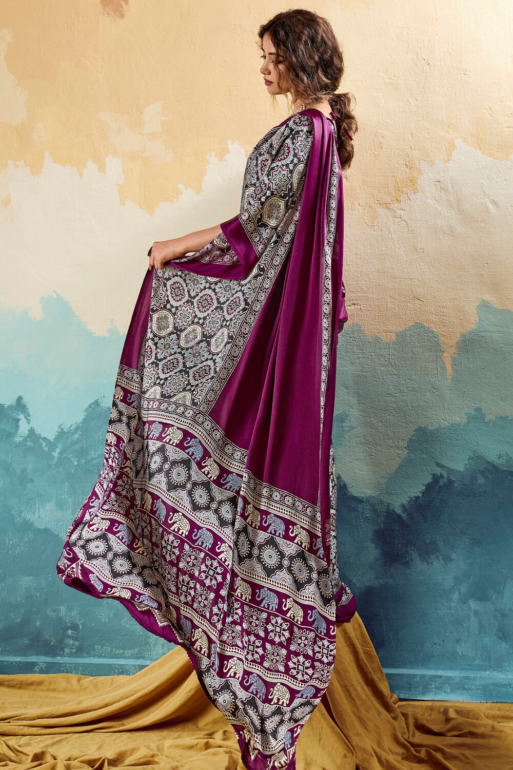 Resonant Purple Ajrakh Printed Semi Modal Silk Saree With Seraglio Blouse Piece