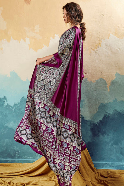 Resonant Purple Ajrakh Printed Semi Modal Silk Saree With Seraglio Blouse Piece