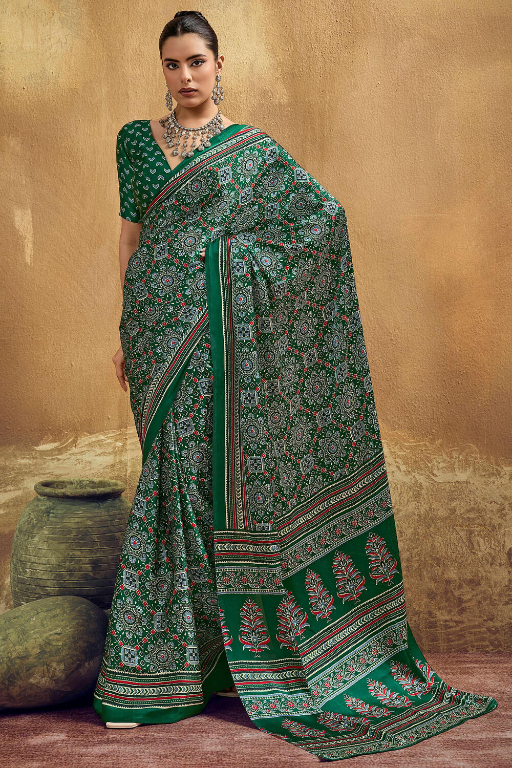 Smashing Dark Green Ajrakh Printed Semi Modal Silk Saree With Opulent Blouse Piece