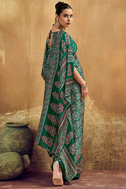 Smashing Dark Green Ajrakh Printed Semi Modal Silk Saree With Opulent Blouse Piece