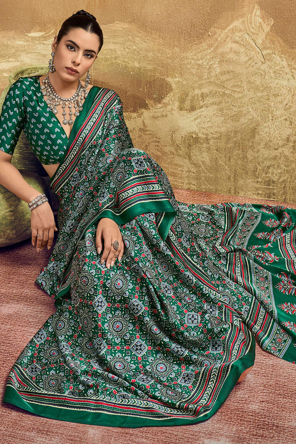 Smashing Dark Green Ajrakh Printed Semi Modal Silk Saree With Opulent Blouse Piece