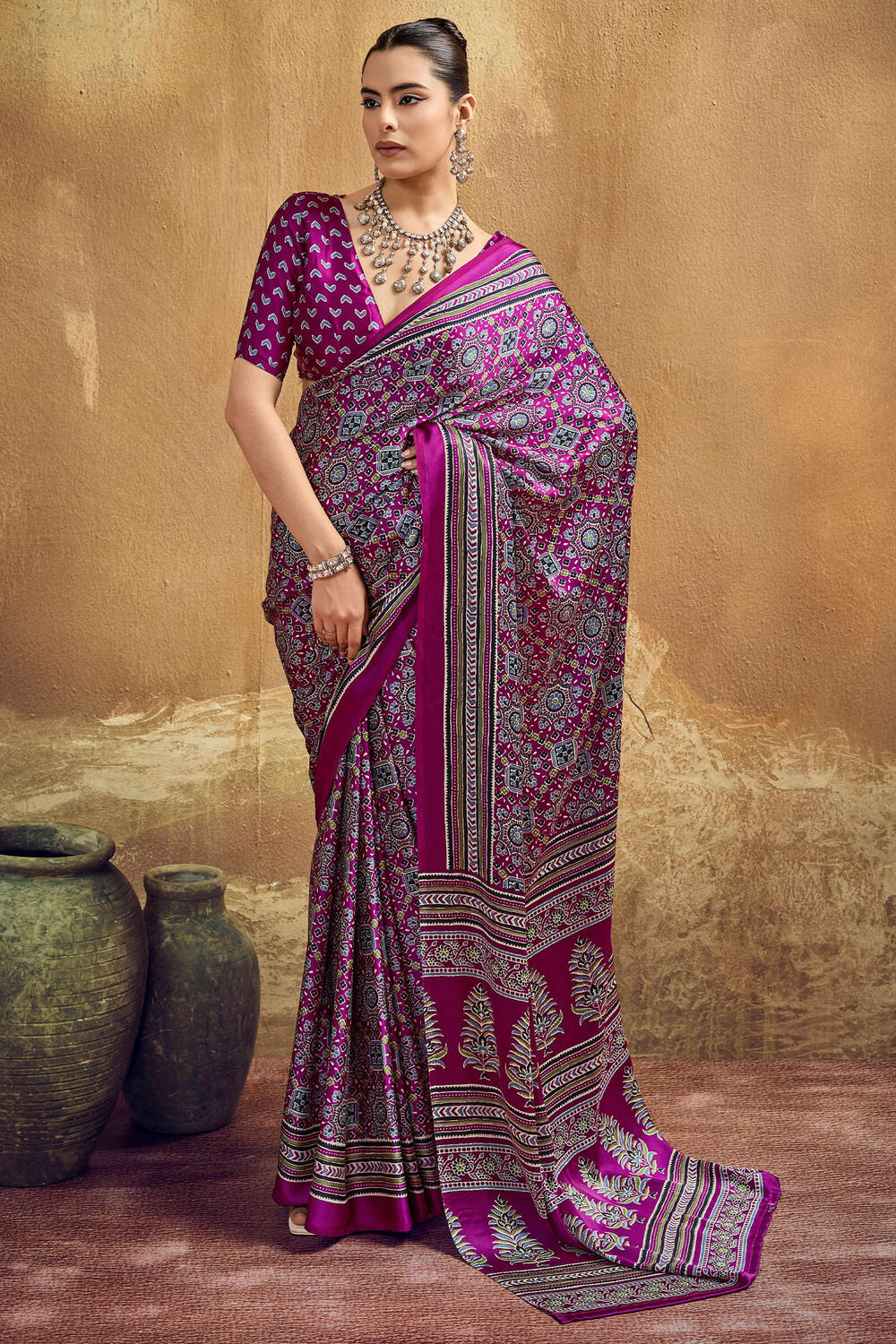 Eclat Purple Ajrakh Printed Semi Modal Silk Saree With Embellished Blouse Piece