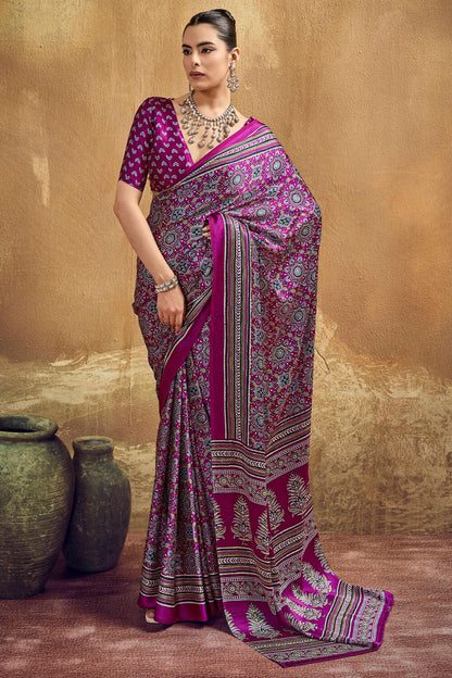 Eclat Purple Ajrakh Printed Semi Modal Silk Saree With Embellished Blouse Piece