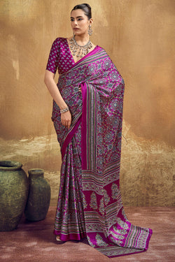 Eclat Purple Ajrakh Printed Semi Modal Silk Saree With Embellished Blouse Piece