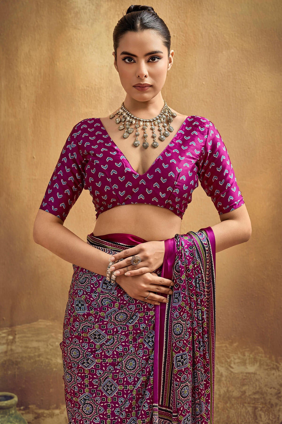 Eclat Purple Ajrakh Printed Semi Modal Silk Saree With Embellished Blouse Piece