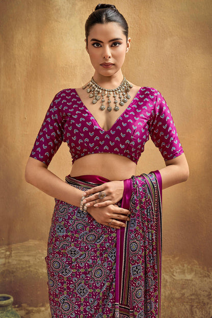 Eclat Purple Ajrakh Printed Semi Modal Silk Saree With Embellished Blouse Piece