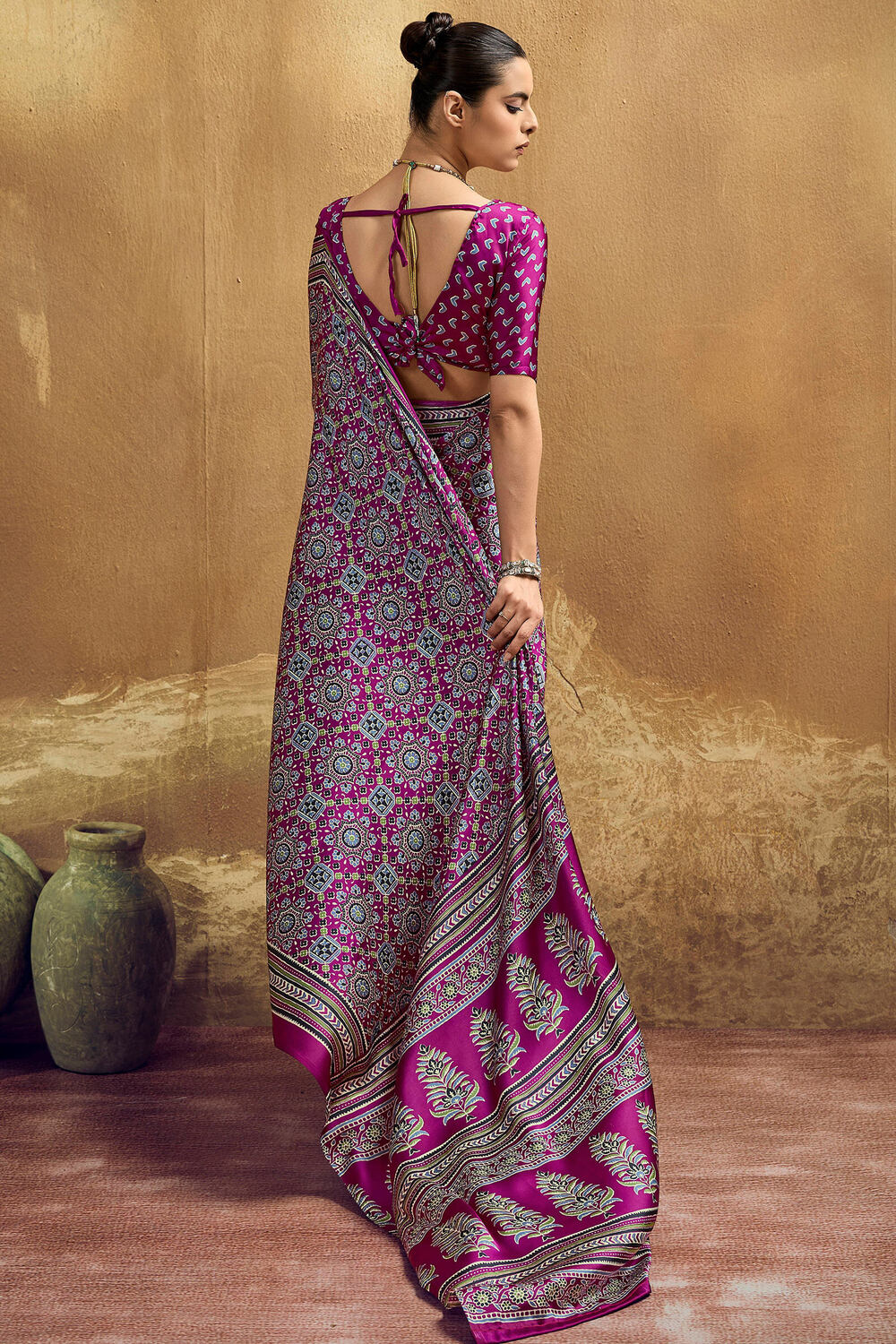 Eclat Purple Ajrakh Printed Semi Modal Silk Saree With Embellished Blouse Piece