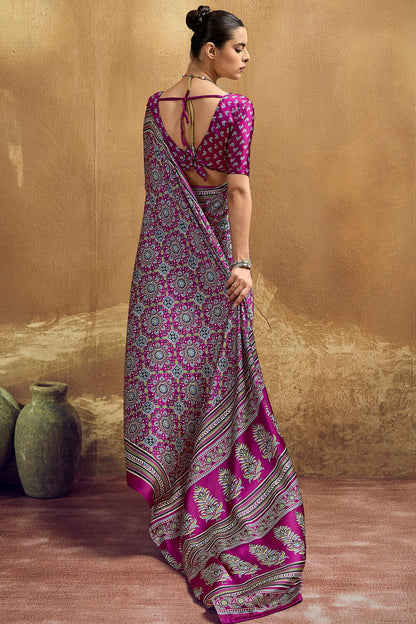 Eclat Purple Ajrakh Printed Semi Modal Silk Saree With Embellished Blouse Piece