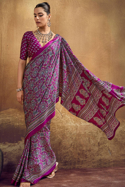 Eclat Purple Ajrakh Printed Semi Modal Silk Saree With Embellished Blouse Piece