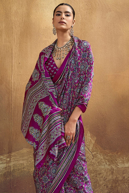 Eclat Purple Ajrakh Printed Semi Modal Silk Saree With Embellished Blouse Piece