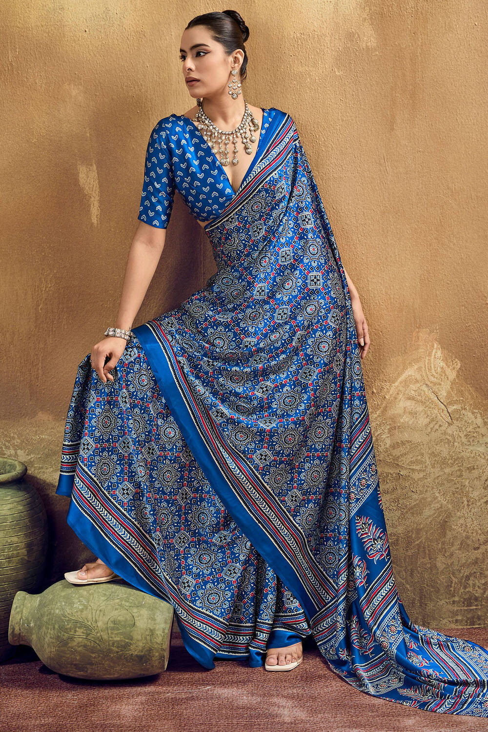 Inimitable Blue Ajrakh Printed Semi Modal Silk Saree With Symmetrical Blouse Piece