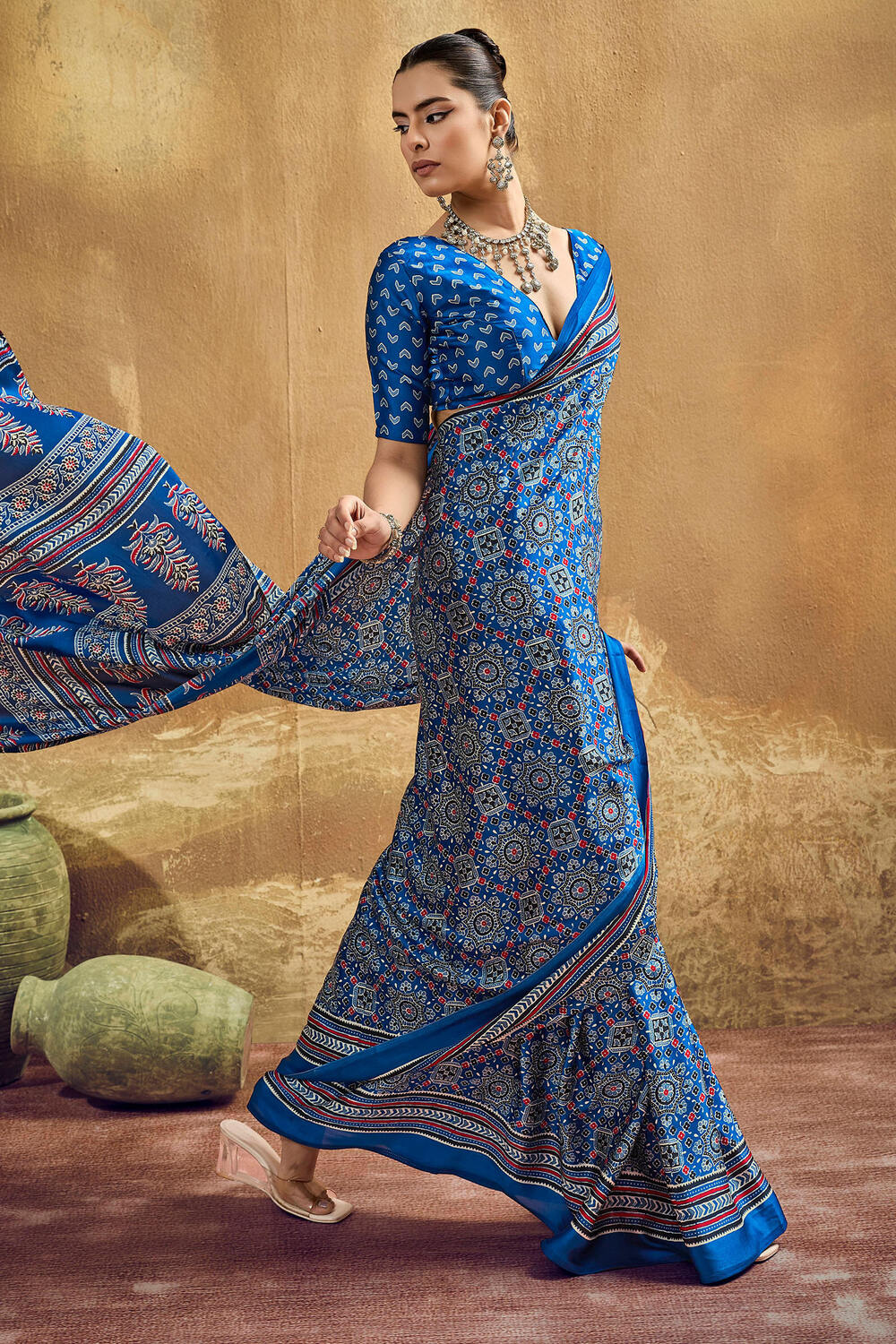 Inimitable Blue Ajrakh Printed Semi Modal Silk Saree With Symmetrical Blouse Piece