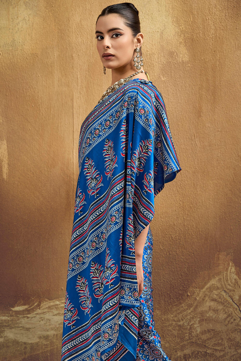 Inimitable Blue Ajrakh Printed Semi Modal Silk Saree With Symmetrical Blouse Piece