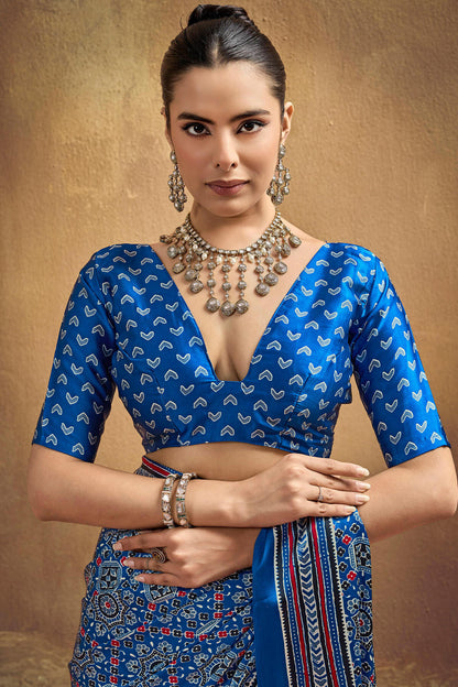 Inimitable Blue Ajrakh Printed Semi Modal Silk Saree With Symmetrical Blouse Piece