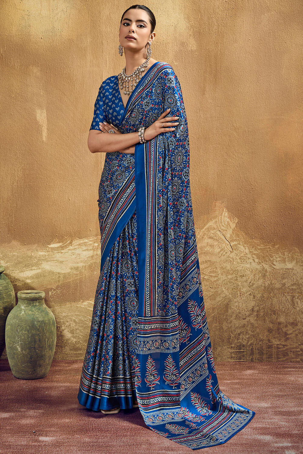 Inimitable Blue Ajrakh Printed Semi Modal Silk Saree With Symmetrical Blouse Piece