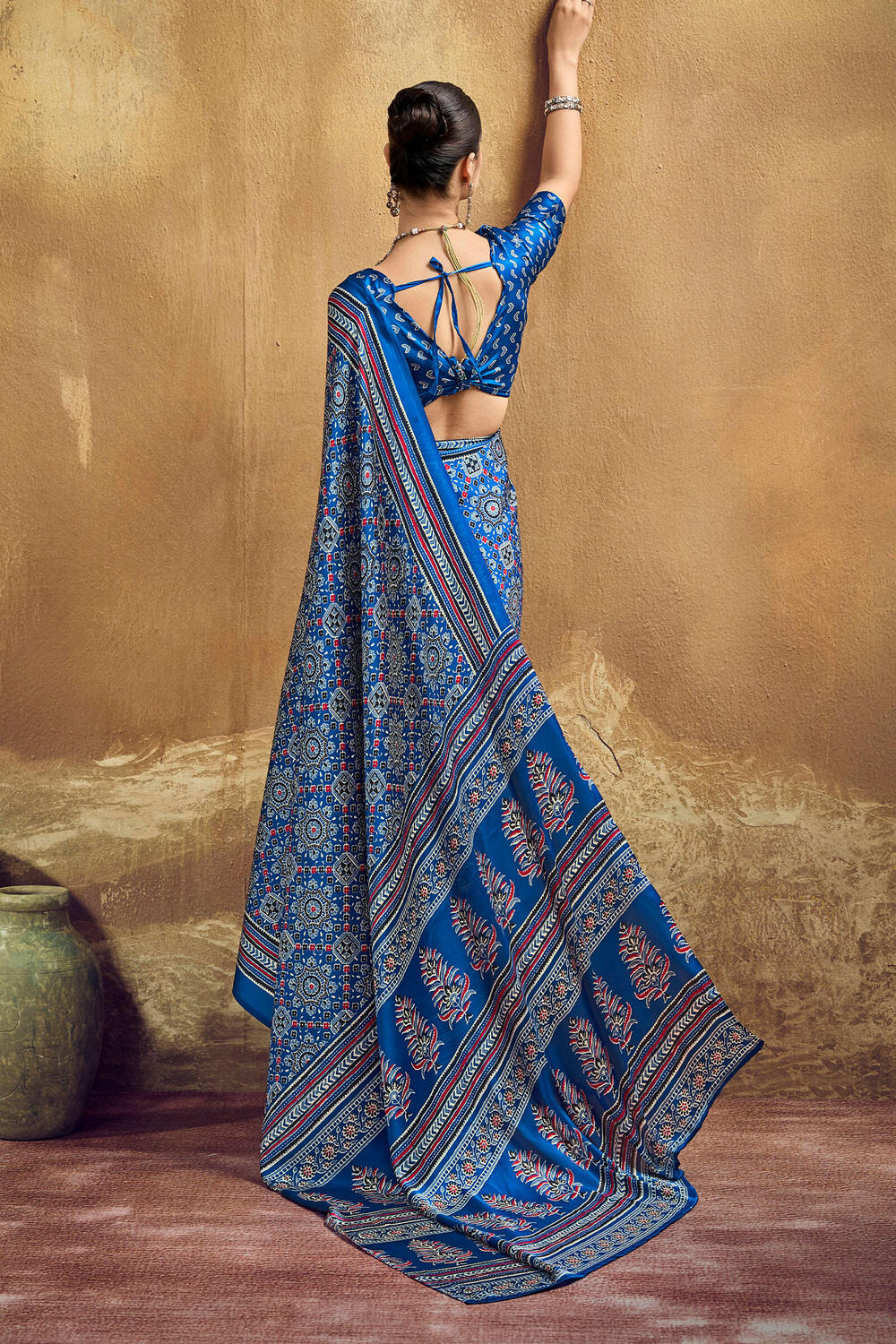 Inimitable Blue Ajrakh Printed Semi Modal Silk Saree With Symmetrical Blouse Piece
