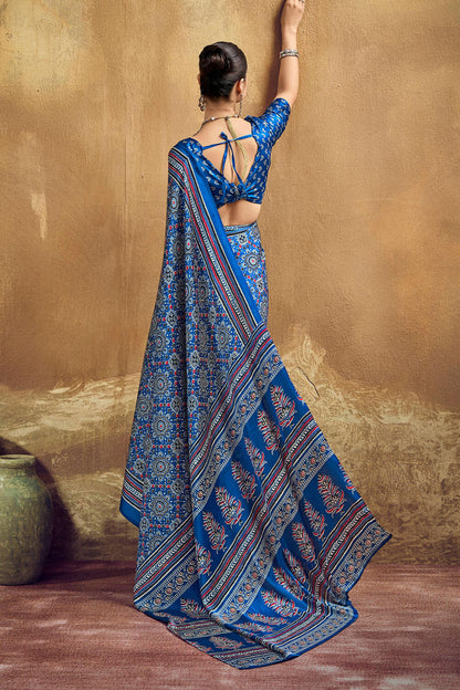 Inimitable Blue Ajrakh Printed Semi Modal Silk Saree With Symmetrical Blouse Piece