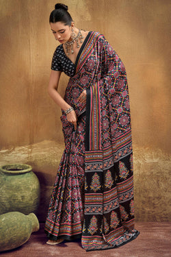 Fancifull Black Ajrakh Printed Semi Modal Silk Saree With Confounding Blouse Piece