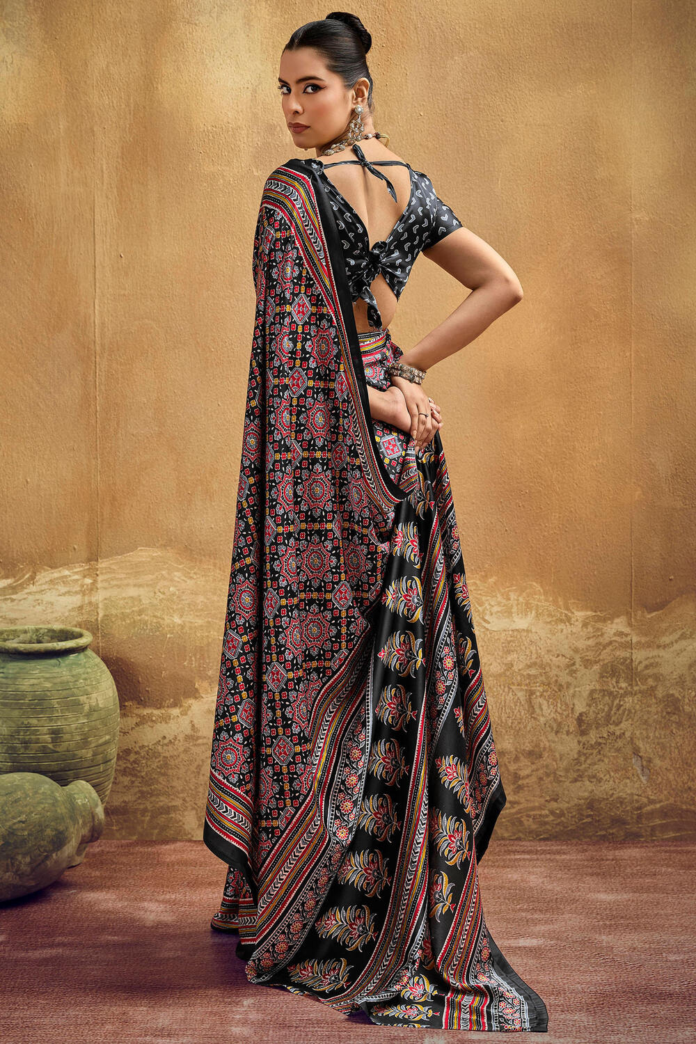 Fancifull Black Ajrakh Printed Semi Modal Silk Saree With Confounding Blouse Piece