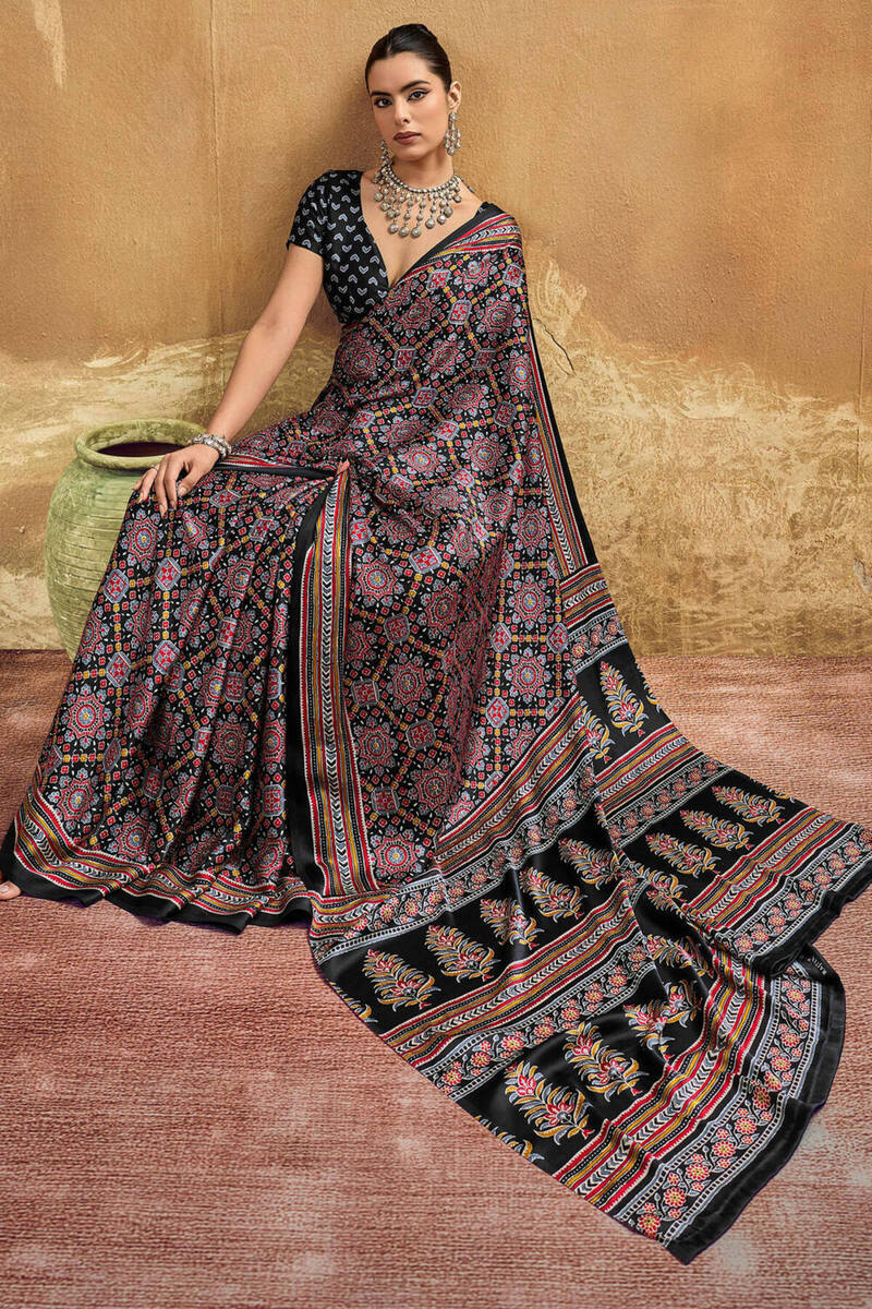 Fancifull Black Ajrakh Printed Semi Modal Silk Saree With Confounding Blouse Piece