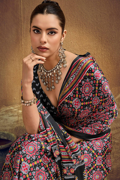 Fancifull Black Ajrakh Printed Semi Modal Silk Saree With Confounding Blouse Piece