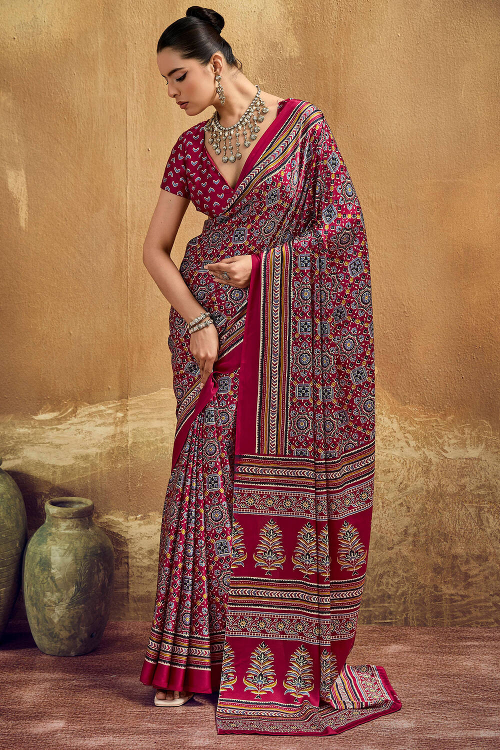 Felicitous Maroon Ajrakh Printed Semi Modal Silk Saree With Glamorous Blouse Piece