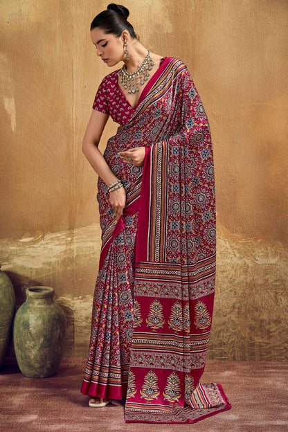 Felicitous Maroon Ajrakh Printed Semi Modal Silk Saree With Glamorous Blouse Piece
