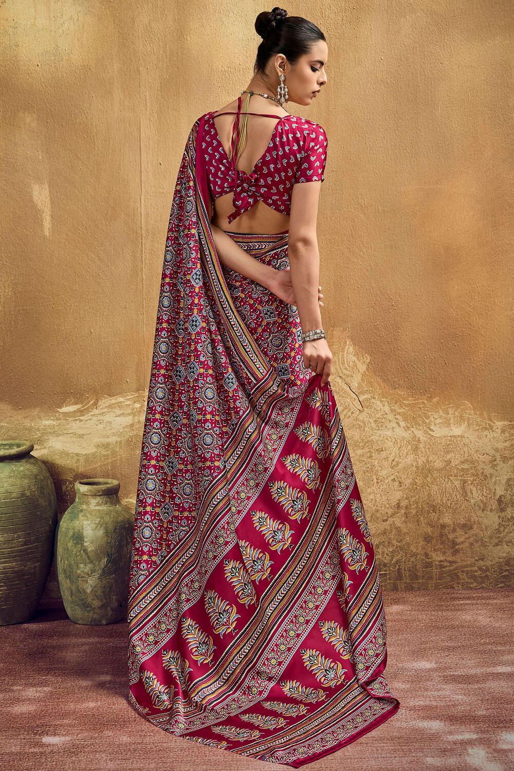 Felicitous Maroon Ajrakh Printed Semi Modal Silk Saree With Glamorous Blouse Piece
