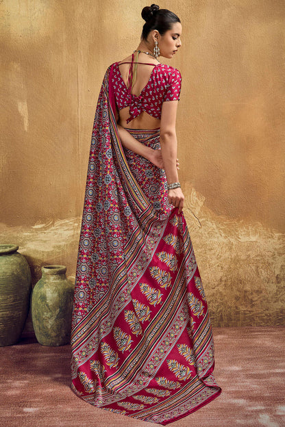 Felicitous Maroon Ajrakh Printed Semi Modal Silk Saree With Glamorous Blouse Piece