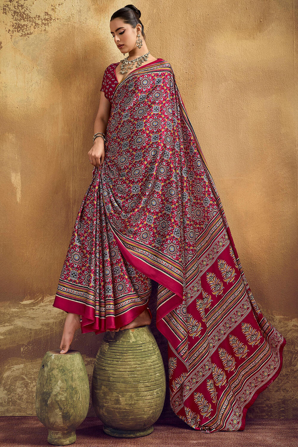 Felicitous Maroon Ajrakh Printed Semi Modal Silk Saree With Glamorous Blouse Piece