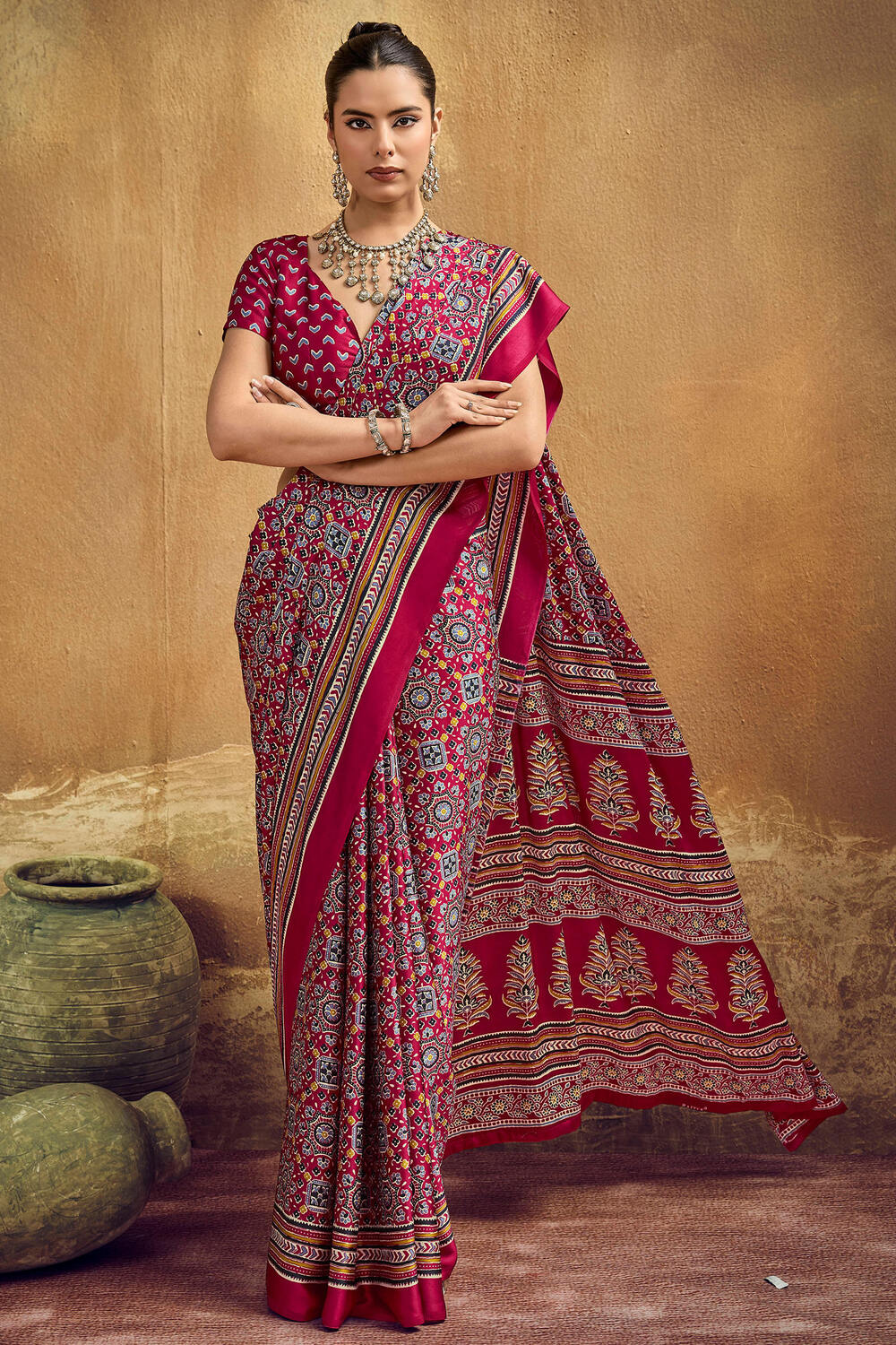 Felicitous Maroon Ajrakh Printed Semi Modal Silk Saree With Glamorous Blouse Piece