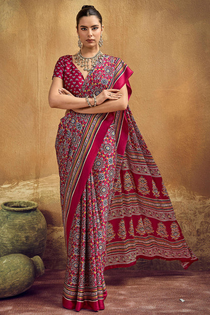Felicitous Maroon Ajrakh Printed Semi Modal Silk Saree With Glamorous Blouse Piece