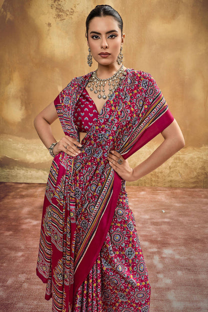 Felicitous Maroon Ajrakh Printed Semi Modal Silk Saree With Glamorous Blouse Piece