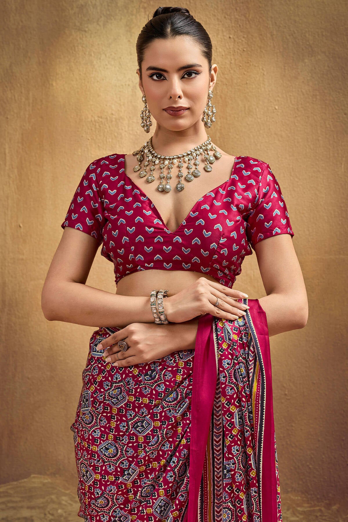 Felicitous Maroon Ajrakh Printed Semi Modal Silk Saree With Glamorous Blouse Piece