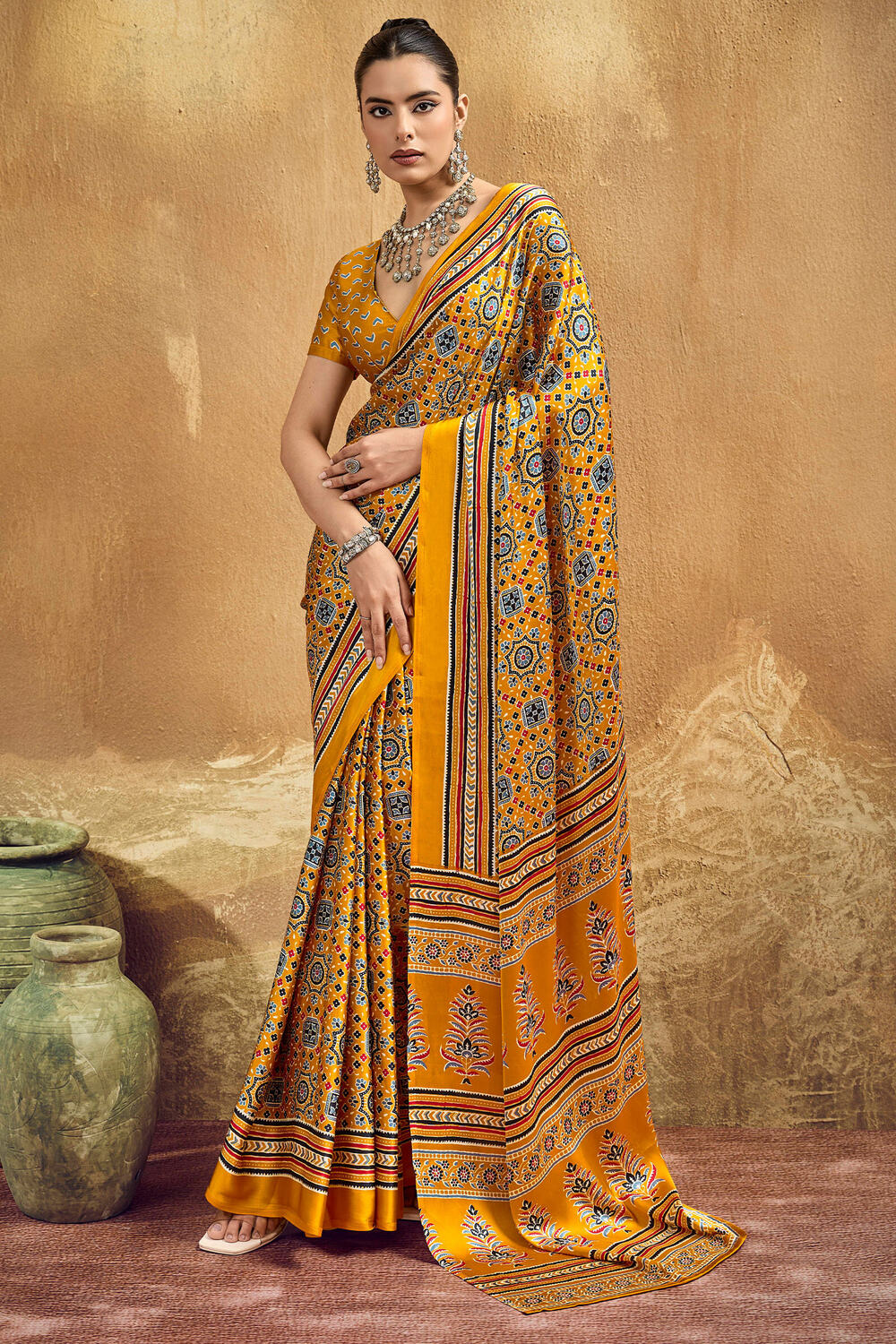 Scintillating Mustard Ajrakh Printed Semi Modal Silk Saree With Arresting Blouse Piece