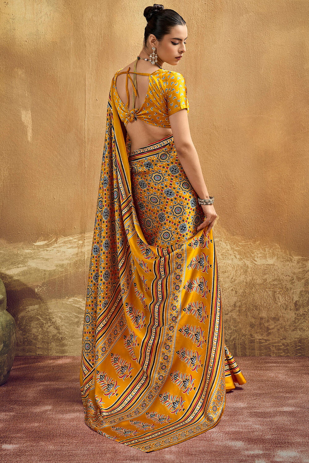 Scintillating Mustard Ajrakh Printed Semi Modal Silk Saree With Arresting Blouse Piece