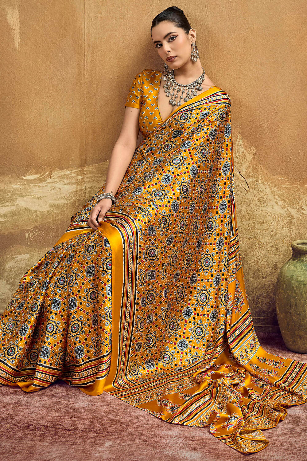 Scintillating Mustard Ajrakh Printed Semi Modal Silk Saree With Arresting Blouse Piece
