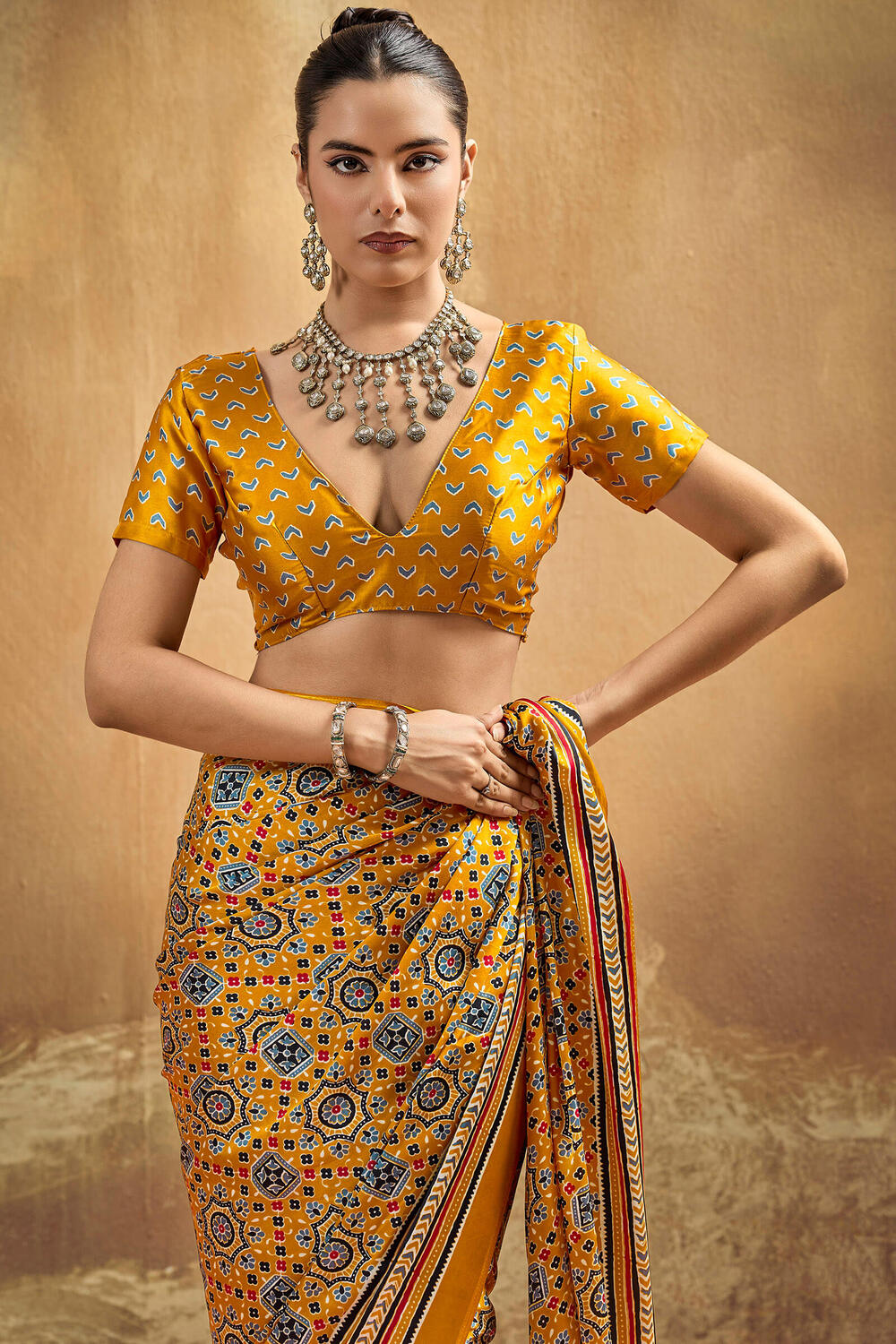 Scintillating Mustard Ajrakh Printed Semi Modal Silk Saree With Arresting Blouse Piece