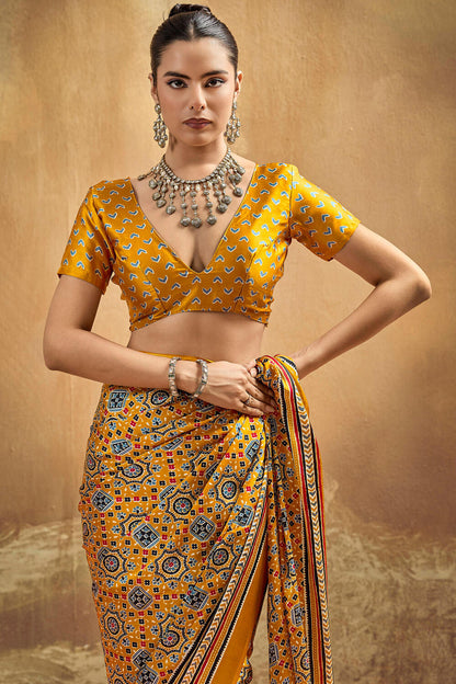 Scintillating Mustard Ajrakh Printed Semi Modal Silk Saree With Arresting Blouse Piece