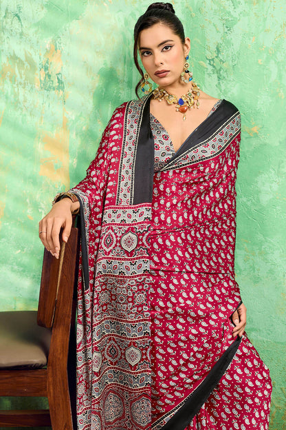 Diaphanous Maroon Ajrakh Printed Semi Modal Silk Saree With Moiety Blouse Piece