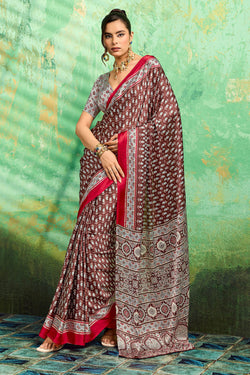 Evanescent Brown Ajrakh Printed Semi Modal Silk Saree With Proficient Blouse Piece